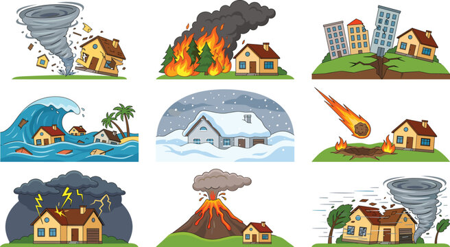 Natural Disaster and Extreme Weather Icon Set with Catastrophe Symbols for Environmental Safety Designs