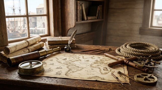 Vintage nautical desk with old world map, brass telescope, compass, and navigation tools in a wooden study overlooking a harbor, perfect for historical or exploration themes