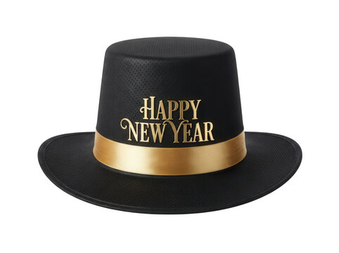 Festive black top hat with golden ribbon cutout on transparent background