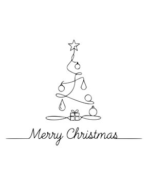 Minimalist Continuous Line Christmas Tree with Star, Ornaments and Gift