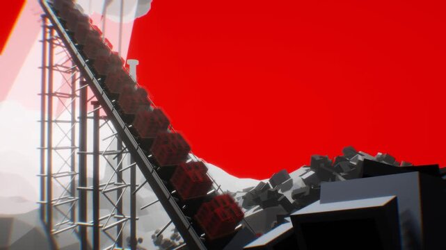 Steel conveyor elevator lifts glowing red wireframe cubes against a bold red sky and industrial scrap in a 3D animation
