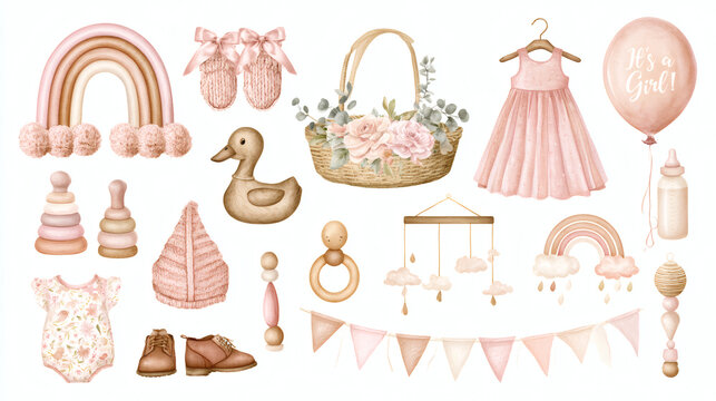 Watercolor collection of pink baby girl items, including a rainbow, dress, onesie, bottle, toys, shoes, flowers, balloon, bunting and nursery decor on a white background.