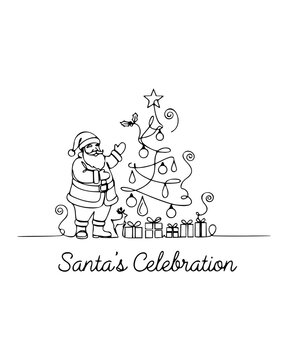 Continuous Line Santa Claus Decorating Christmas Tree with Gifts