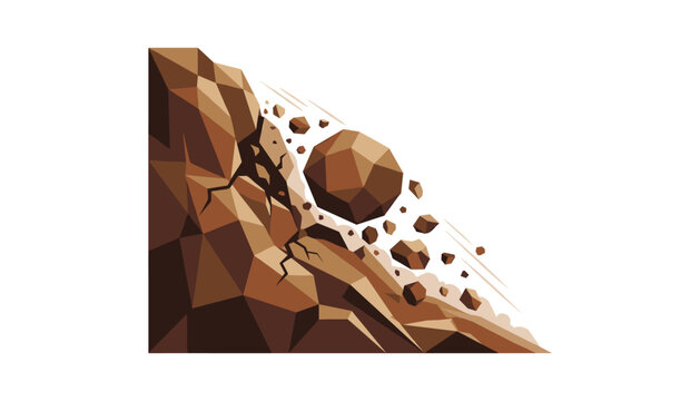 Landslide and rockfall natural disaster vector illustration with rolling boulders falling down a geometric low-poly cliff