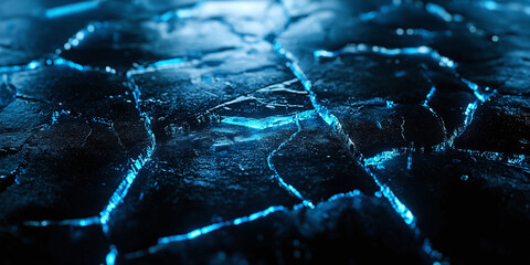 Fototapeta premium Abstract dark background texture featuring glowing blue cracks across a fractured surface, creating a futuristic cybernetic effect suitable for digital design, technology concepts, and high-tech theme
