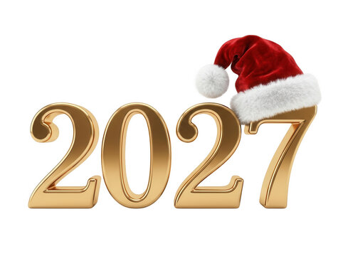 2027 gold numbers with Santa Claus hat isolated on transparent