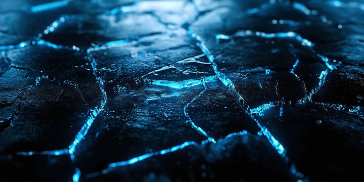 Abstract dark background texture featuring glowing blue cracks across a fractured surface, creating a futuristic cybernetic effect suitable for digital design, technology concepts, and high-tech theme
