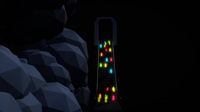 Stylized low poly figures holding vibrant illuminated shopping bags ascend a dark escalator toward an archway in a 3D animation