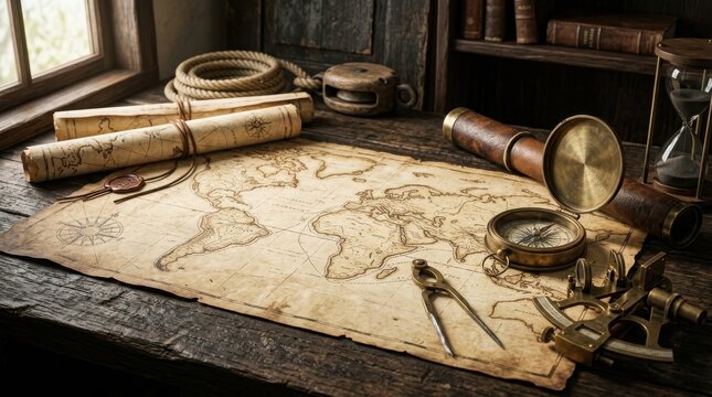 Vintage nautical map on a rustic wooden desk with antique navigation tools including a compass, telescope, hourglass, and rolled scrolls for exploration and maritime history themes
