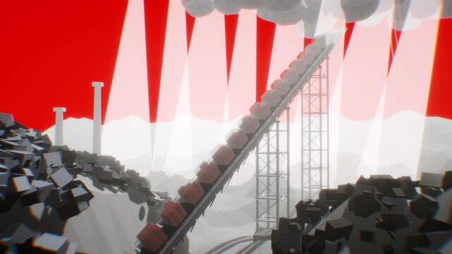 Mechanical elevator transports red cargo crates toward towering light columns and smoke clouds in a surreal 3D animation