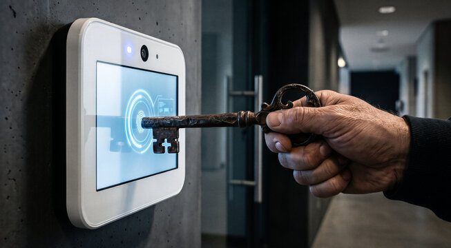 Hand holding vintage old key against modern smart digital door lock screen, outdated methods, technology transition, cyber security and access control concept