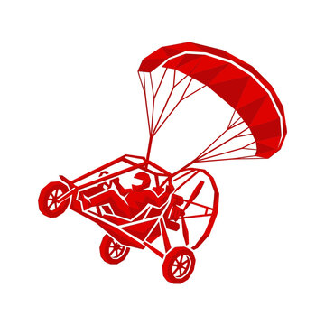 Paramotor pilot with red parachute and trike