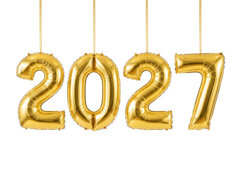 Hanging gold foil number 2027 balloons on transparent background