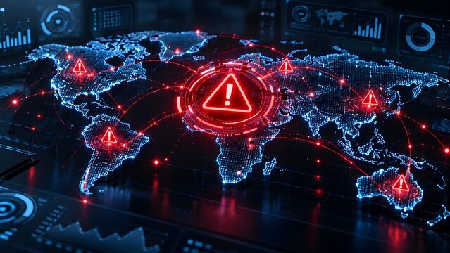 Futuristic digital world map glowing with red exclamation marks indicating global network vulnerability or cyber attack