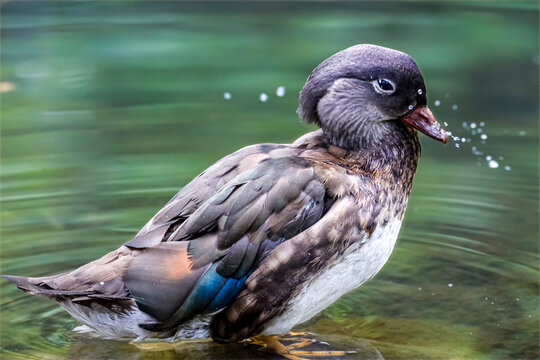 A beautiful duck with intricate plumage shakes water droplets from its beak in a tranquil pond