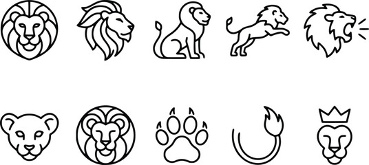 Fototapeta premium Lion head and body line icon set featuring powerful king of jungle in sitting leaping roaring positions with paw print and crowned lion face for logo design.