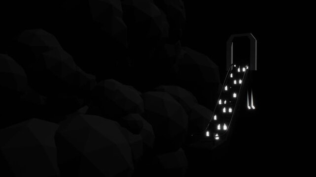 Monochrome low poly figures carrying bright white illuminated shopping bags ride an upward moving escalator in a dark 3D animation