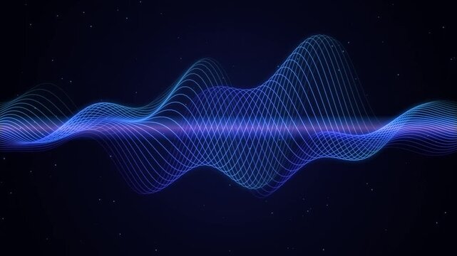 Abstract futuristic audio waveform moving across space background with shining stars.