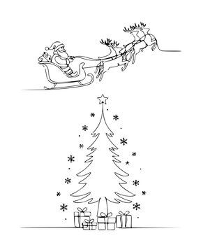 Continuous Line Santa Sleigh with Reindeer Over Christmas Tree and Gifts