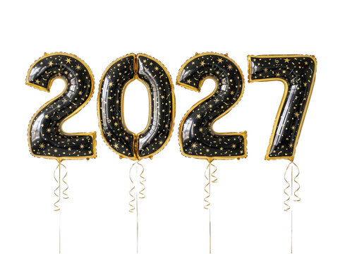 Black and gold star patterned 2027 foil balloons isolated on transparent