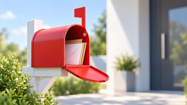 Open red mailbox full of letters and envelopes standing outside a modern house on a sunny day