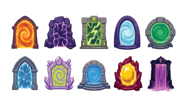 Magic portal game assets vector illustration set featuring colorful fantasy gates teleport doors with stone frames crystals elements.