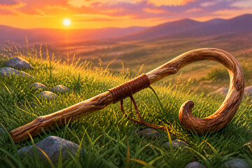 Obraz premium A rustic wooden staff with a curved handle rests on green grass during a vibrant sunset in a hilly landscape.