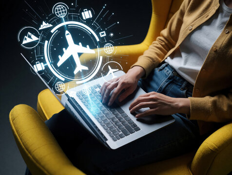 Person uses laptop for online flight booking. Digital plane icon, travel symbols float above computer screen. Customer plans air trip vacation from home using tech. User searches airline tickets,