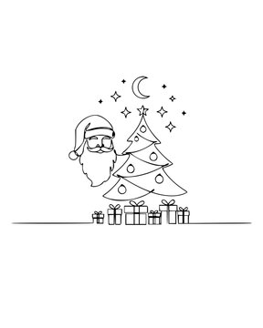 Continuous Line Santa Claus with Christmas Tree Under Moon and Stars