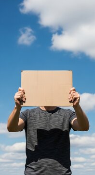 Anonymous Message Concept man holding blank cardboard sign over face against blue sky ideal for protest mockups or marketing announcements.