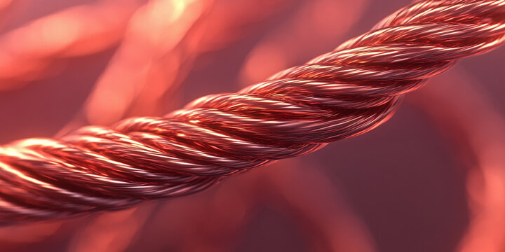 Close-up macro shot of braided copper wire strands glowing with warm light in industrial setting showcasing metallic texture flexibility and conductivity for electrical engineering and technology proj
