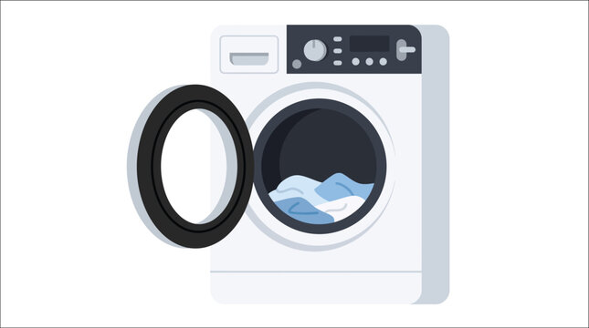 Modern white washing machine with open door and wet laundry inside vector