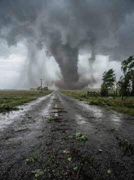 Tornado approaching on rural road with debris