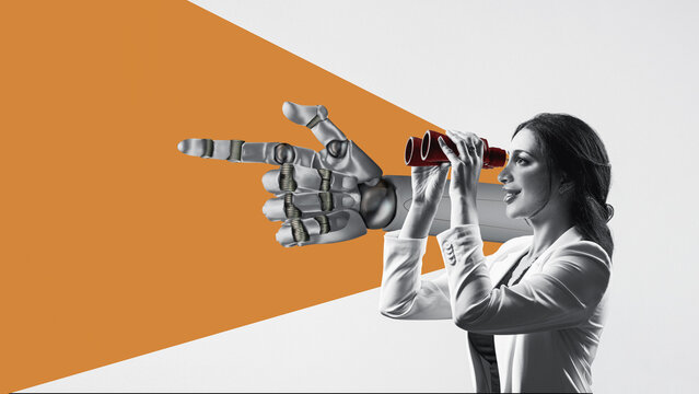  Signpost - a ai robot hand shows the business woman with binoculars where to look. Business analytics and strategic. Find a way.