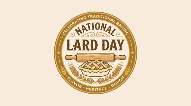 National Lard Day traditional baking rolling pin and freshly baked pie in circular vintage seal badge for bakery logo