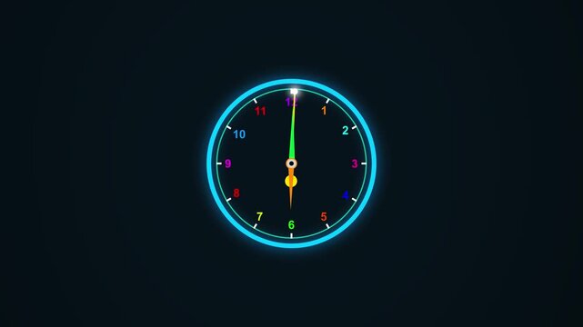Neon digital clock face animation with rotating hands and colorful numbers on dark background, time