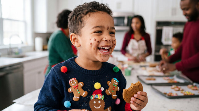 Playful mixed boy in a gingerbread ugly Christmas sweater with cookie crumbs laughs holding a gingerbread cookie in a cozy kitchen, ideal for winter holiday cards.