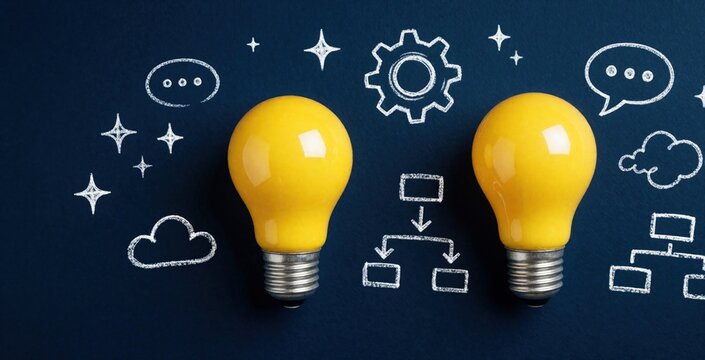 Two yellow light bulbs lie on dark blue background. Hand drawn chalk icons show gears, clouds, speech bubbles, flow charts. Concept for creative brainstorming, business strategy, problem solving, new