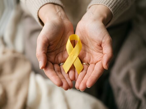 Person holding a yellow awareness ribbon for suicide prevention 
