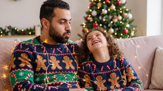 Fun father and daughter in matching gingerbread ugly Christmas sweaters puffing cheeks on couch with fairy lights for holiday editorial and poster stock photo.