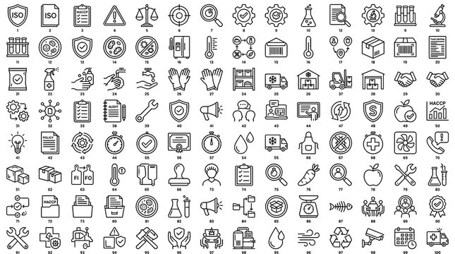 ISO 22000 Food Safety Web Banner Icons Featuring HACCP Analysis Standards Management Communication Risk Control and Editable Vector Symbols