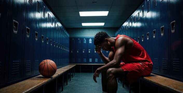 Sad African American male basketball player sits alone on locker room bench. Young athlete feels defeat after losing championship game. Man rests head in hand with basketball nearby in empty gym.