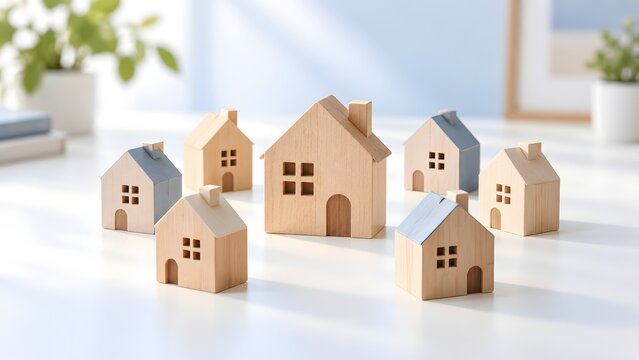 Collection of small wooden toy houses sitting on a bright white table representing real estate or neighborhood community