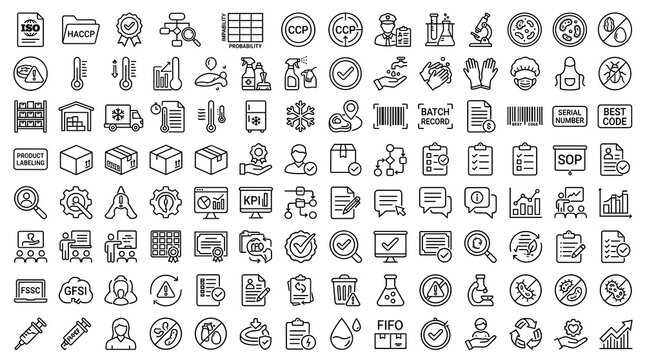 ISO 22000 HACCP Food Safety Outline Icons Featuring Hazard Analysis Risk Assessment Quality Management Certification and Web Vector Design