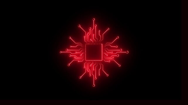 Glowing red digital circuit board cpu processor animation on black background, technology