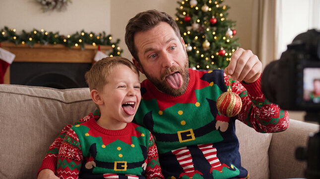 Energetic father and son in matching elf ugly Christmas sweaters sticking tongues with ornament on couch for Christmas marketing and editorial stock photo.