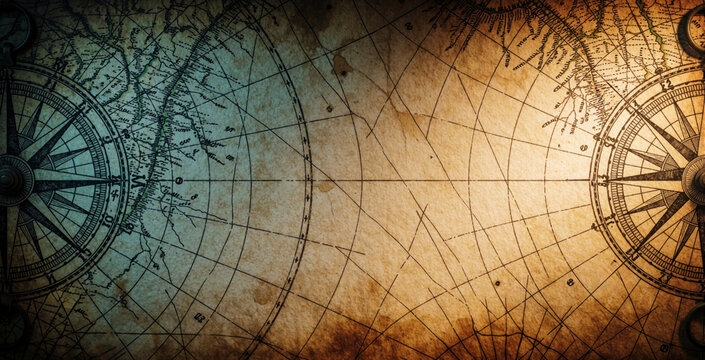 Vintage nautical map background with two antique compass roses. Old paper texture shows worn edges, stains. Historical cartography elements for sea navigation, travel adventure, geography education