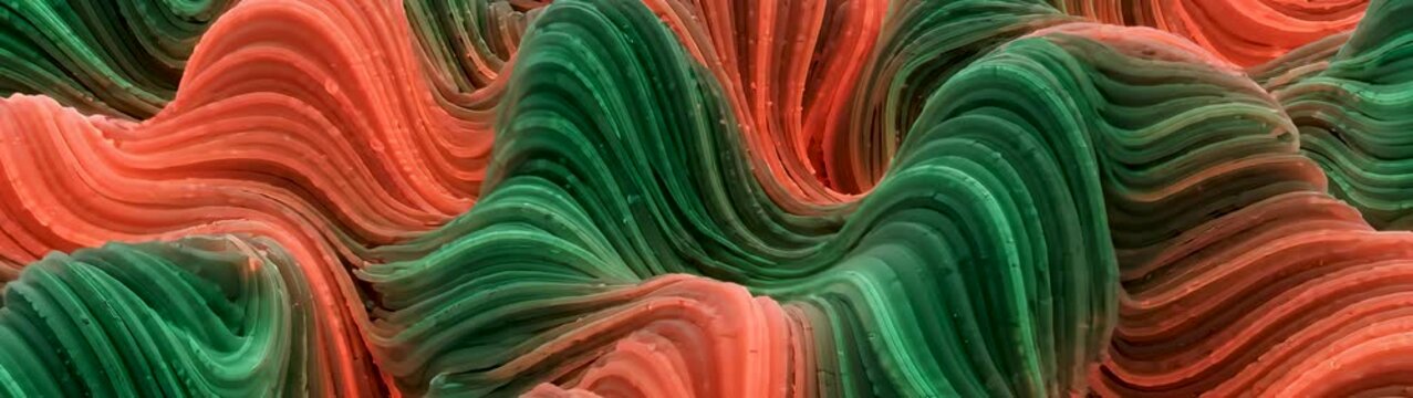 Fluid motion background flowing orange and green liquid waves organic texture and smooth ripple pattern for modern digital design and creative visual media.