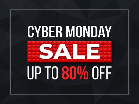 Cyber monday sale banner with up to 80 percent off discount text on a dark geometric background