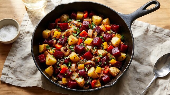 Fresh roasted vegetables with potatoes and beets in a black iron skillet on a wooden kitchen table. beet hash